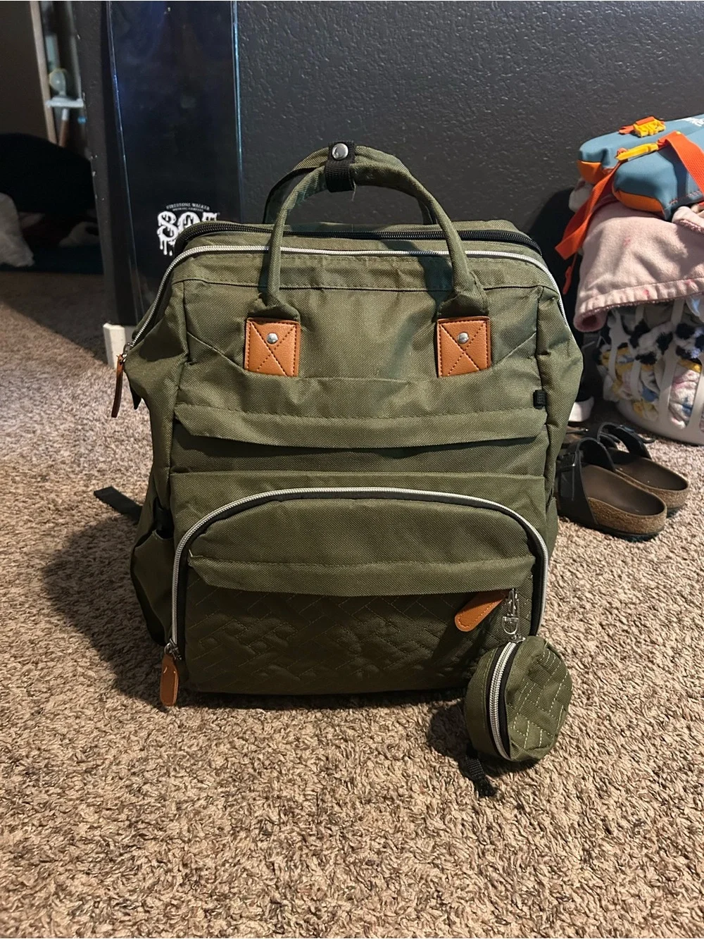 Amazon Olive Green Baby Diaper Backpack with Tan Accents